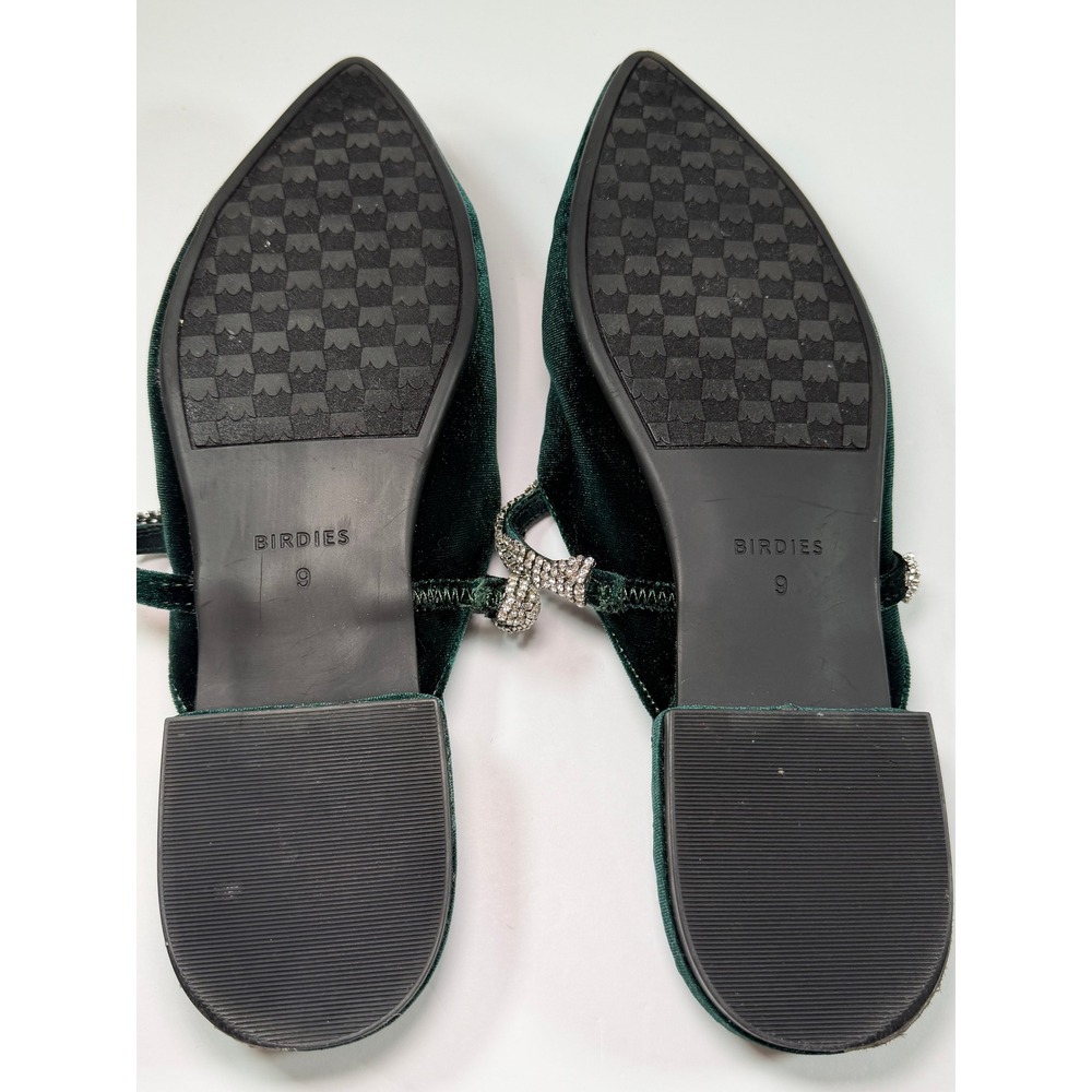Birdies The Swan Mule Women 9 Green Velvet Crystal Embellished Pointed Toe Flat - Picture 7 of 12